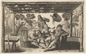 Trois paysans buvant et fumant dans une grange - Samuel Donnet