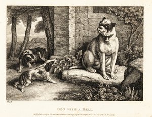 Deux épagneuls aboyant sur un bouledogue avec une cloche à son collier. 1811