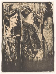 Fantaisie : à gauche deux figures avec des bonnets, à droite une apparition gravée avec plumage