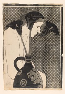 Nu féminin derrière un vase avec des arums noirs
