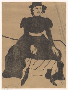 Femme assise avec un chapeau et une robe noire, les mains sur les genoux - Samuel Jessurun de Mesquita (signed by artist)