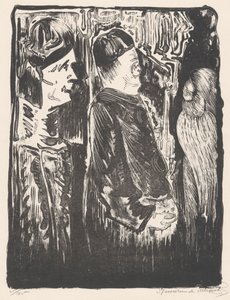 Fantaisie : à gauche deux figures avec des bonnets vers la droite, à droite une apparition gravée avec un plumage