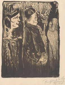 Fantaisie : à gauche deux figures avec des bonnets vers la droite, à droite une apparition gravée avec un plumage - Samuel Jessurun de Mesquita