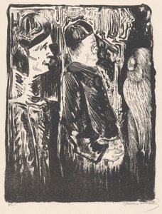 Fantaisie : à gauche deux figures avec des bonnets vers la droite, à droite une apparition gravée avec un plumage