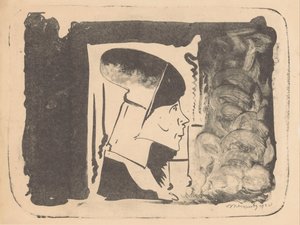 Fantaisie : tête de profil vers la droite dans un rectangle blanc, entourée de noir - Samuel Jessurun de Mesquita