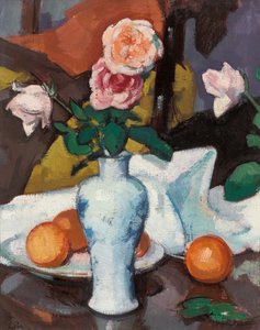 Roses dans un vase avec des oranges et une nappe blanche - Samuel John Peploe