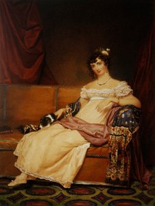 Lady Waterhouse assise sur un canapé avec son épagneul - Samuel John Stump