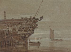 Un navire des Indes orientales amarré, petits bateaux à côté, autres bateaux plus loin