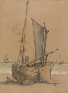 Bateau de pêche sur la plage avec une goélette en mer