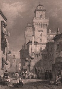 Vue du Castello Estense, Ferrare, Émilie-Romagne, Italie, gravure sur acier par John Godfrey d