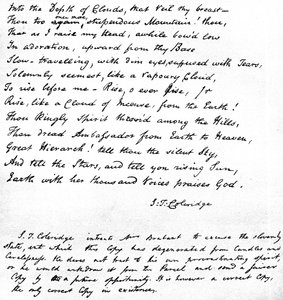 Dernières lignes du poème Hymne avant le lever du soleil dans la vallée de Chamouny de Coleridge, écrites de la main du poète et envoyées dans une lettre à Mme Brabant de Devizes, 1815