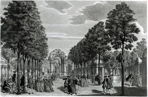 Les Arches Triomphales, Statue de Handel dans le South Walk des jardins de Vauxhall, gravé par John S. Muller
