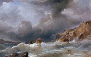 Un bateau coulé sur une côte rocheuse, avec le canot de sauvetage plein de survivants