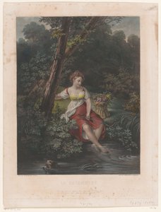 Jeune femme avec couronne de fleurs et pieds dans l