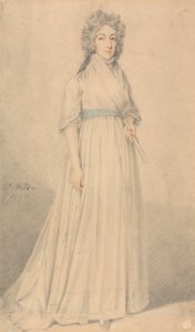 Une dame, en pied, portant une écharpe bleue et tenant un éventail - Samuel de Wilde