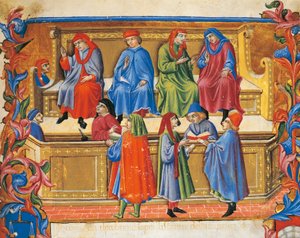 Tribunal du commerce miniature des Statuts des Marchands par Sano di Pietro (1472), Italie, 15ème siècle - Sano di also Ansano di Pietro di Mencio Pietro