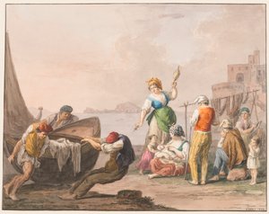 Aquarelle ; Sur le rivage à Chiaja - Saverio della Gatta