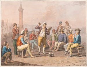 Aquarelle ; Rinaldo Rinaldini récite sur la jetée - Saverio della Gatta