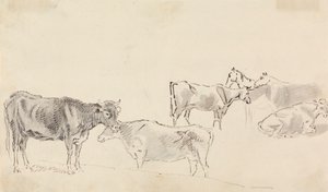 Étude de bétail avec des chevaux en arrière-plan - Sawrey Gilpin