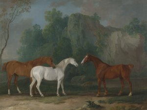 Trois chasseurs dans un paysage rocheux