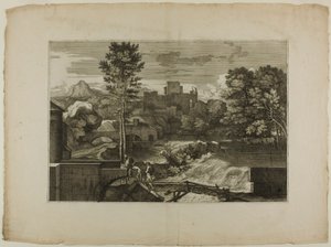 Cascade à un pont de pierre, avec château au loin - Sébastien Bourdon