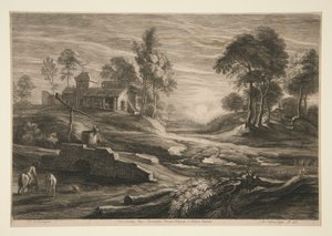 Ferme et ruisseau au coucher du soleil
