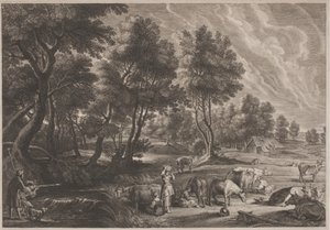 Paysage de ferme avec chasseurs et laitières