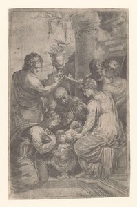 Jésus dans la crèche avec des saints