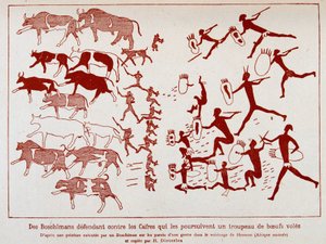 Les Boschimans défendent un troupeau de bœufs contre les coffres, d