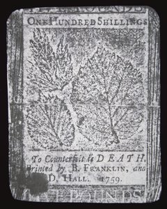 Billet de 100 shillings conçu et imprimé par Benjamin Franklin en 1759 - School American