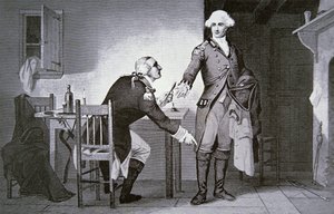 Traître américain : le général Benedict Arnold instruisant Andre de cacher des papiers dans le haut de sa botte - School American