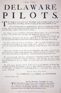 Fac-similé de la proclamation des patriotes de Philadelphie aux pilotes du Delaware les avertissant de ne pas traiter avec le navire de thé britannique, 7 décembre 1773