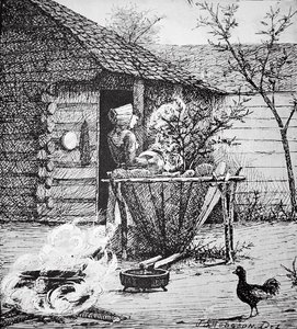 Scène de ferme - une femme à une cuve de lavage, d