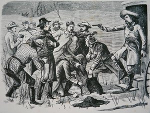 Quatre bandits maîtrisent et pillent deux officiers et sept soldats près de Bismarck, Territoire du Dakota, du 
