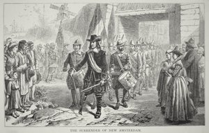 Le gouverneur Peter Stuyvesant rend New Amsterdam aux Britanniques en 1664 - School American