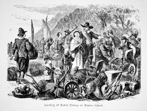 Débarquement des colons néerlandais sur Staten Island, New York (lithographie) - School American