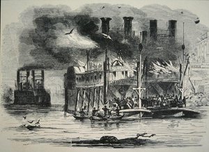 Bateaux à vapeur du Mississippi en feu à St. Louis - School American