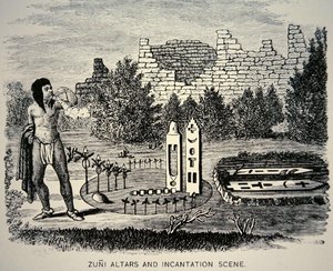 Tribal Zuni soufflant du pollen sur un sanctuaire Pueblo