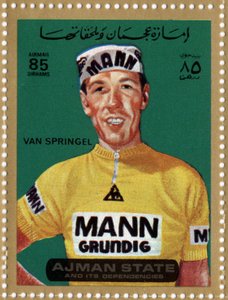 Timbre des Émirats représentant le cycliste Herman Van Springel (né en 1943).