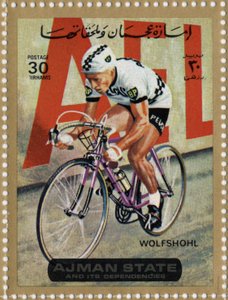 Timbre des Émirats représentant le cycliste Rolf Wolfshohl (né en 1938) - School Arabic
