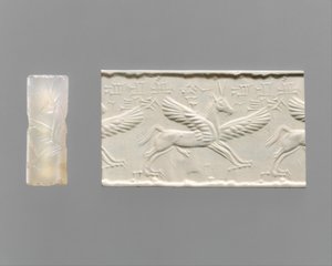 Sceau-cylindre et impression moderne: cheval ailé avec griffes et cornes, c.14e-13e siècle av. J.-C. (calcédoine)