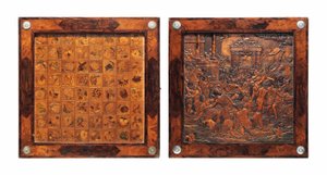 Boîte de jeux pliante en marqueterie de bois fruitier et noyer, montée en argent bohémien