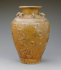 Grand vase Martaban émaillé ambre-brun - School Burmese