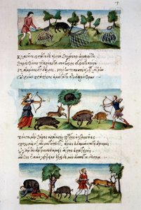 Art byzantin : chasse au sanglier. Différentes techniques de chasse. En haut : capture de betteraves dans des filets. Au centre : chasse au gibier à l