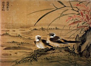 Art chinois : Oiseaux. Peinture sur soie de Li Youen Kien - School Chinese