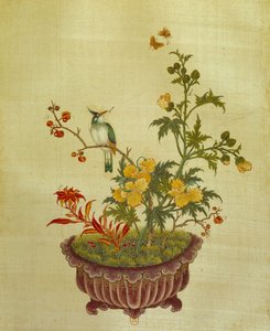 Art de la Chine : peinture sur soie de fleurs et d