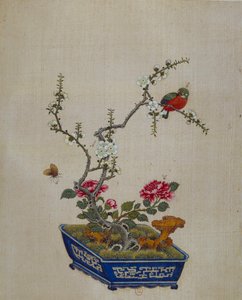 Art chinois : fleurs et oiseaux (bonsaï). Peinture sur soie du 18ème siècle - School Chinese