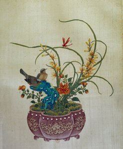 Art chinois : fleurs et oiseaux. Peinture sur soie du XVIIIe siècle.