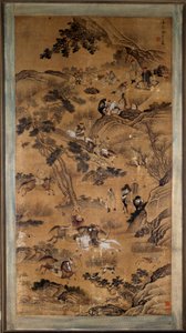 Art chinois : scène de chasse, estampe du 17e siècle