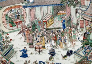 Art chinois : fête traditionnelle avec concert. Peinture sur porcelaine. 18ème siècle. Paris, Musée Guimet, Musée National des Arts Asiatiques